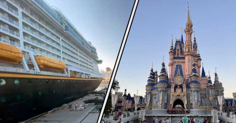 side-by-side image of a Disney Cruise Ship and Cinderella Castle