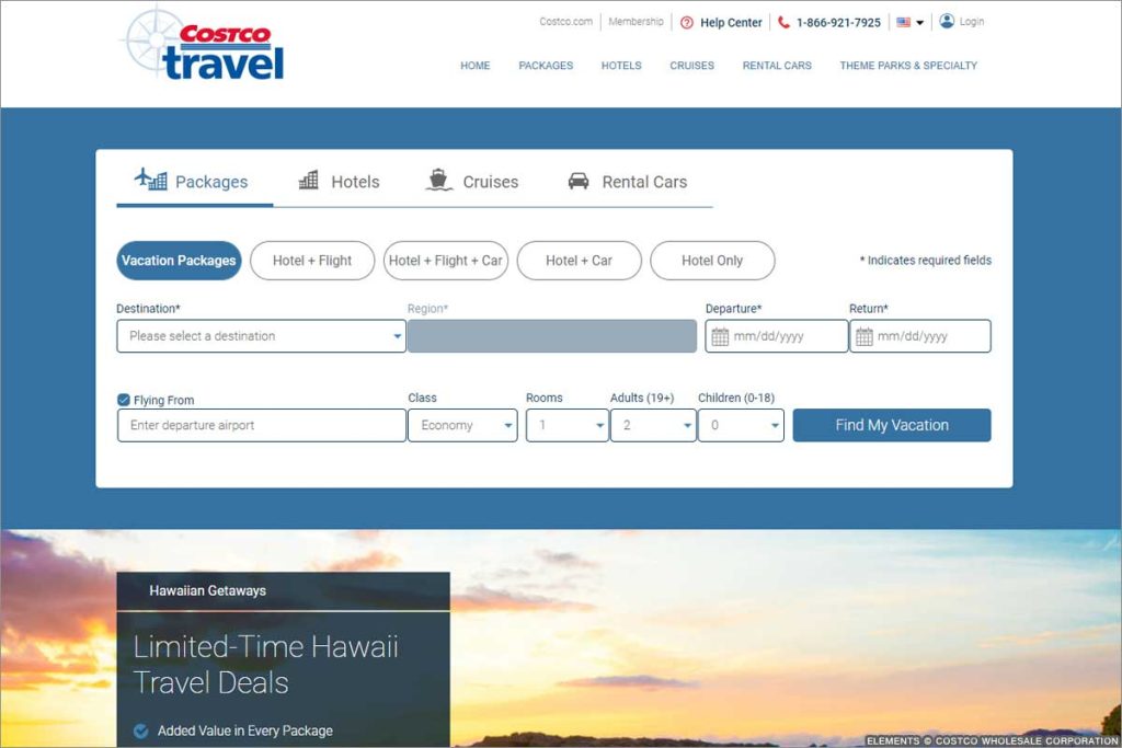 Screenshot of Costco Travel Website showing search fields