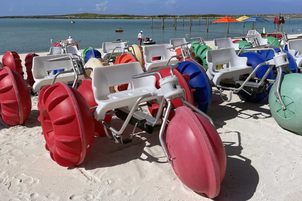 Aqua trikes on the beach awaiting rental