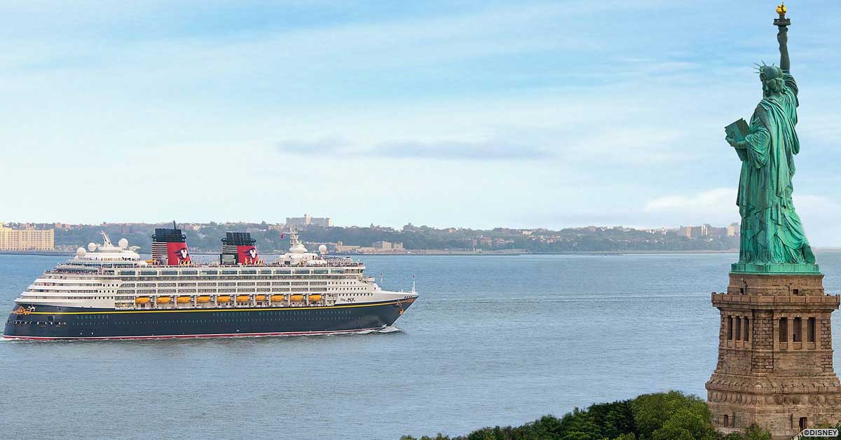 Disney Cruise and Statue of Liberty A Disney Cruise ship sails past the Statue of Liberty