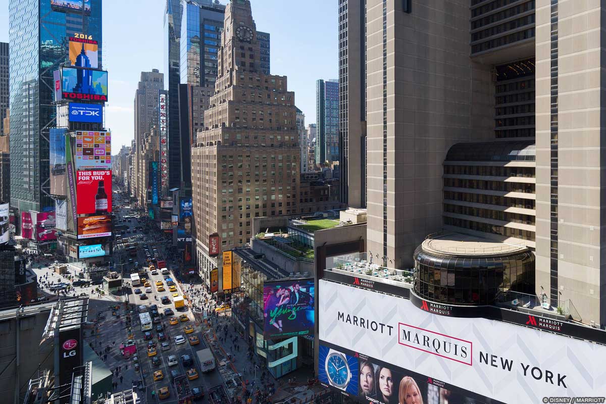 Marriott Marquis New York Aerial image of the Marriott Marquis New York, with Time Square and the New Year's Eve ball in the background