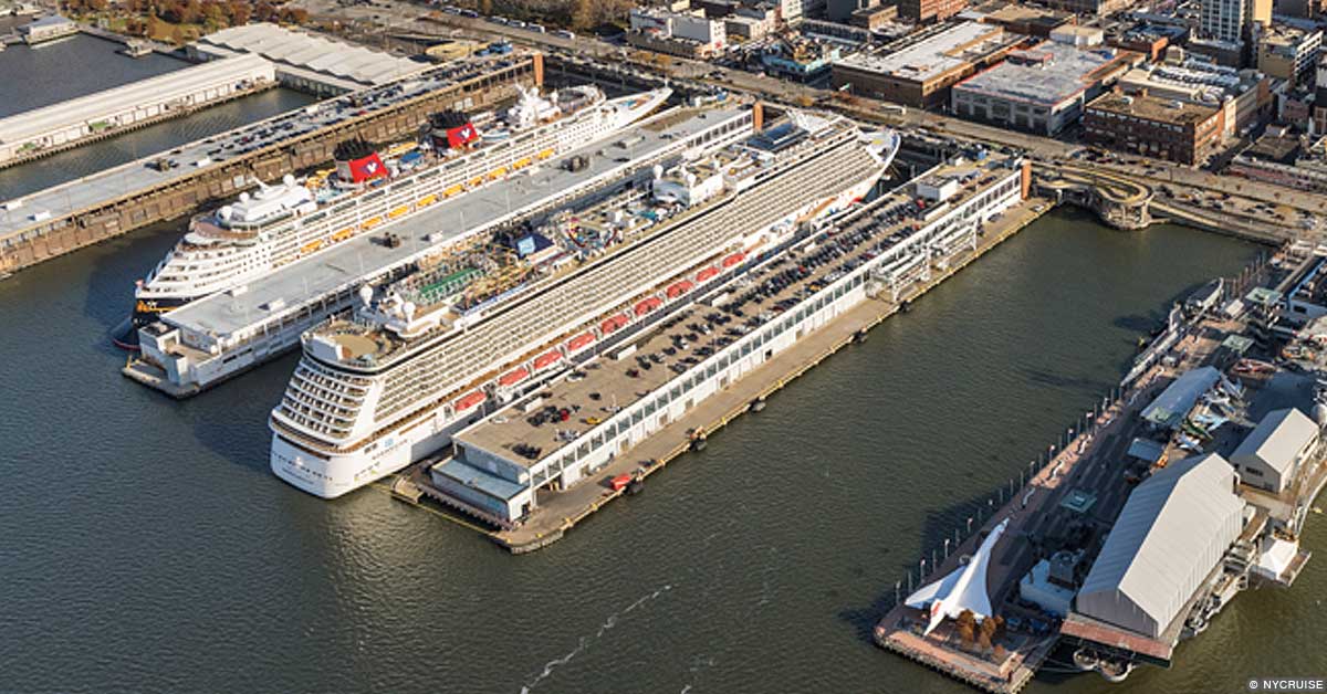 Port of New York Aerial view of cruise ships docked at Port of New York
