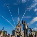 The Air Force Thunderbirds perform the Delta Break Maneuver over Cinderella Castle on October 27, 2022 | Image © Disney