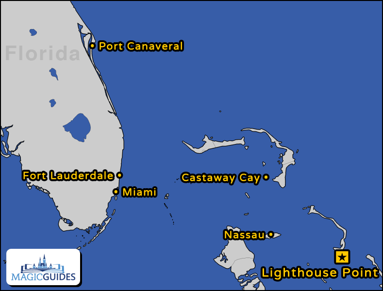 Map showing the location of Lighthouse Point on Eleuthera, Bahamas, in relation to Nassau, Fort Lauderdale, Miami, and Port Canaveral