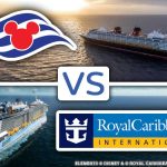 Disney Cruise vs. Royal Caribbean: the two cruise lines' logos and images of their ships sailing on the open water