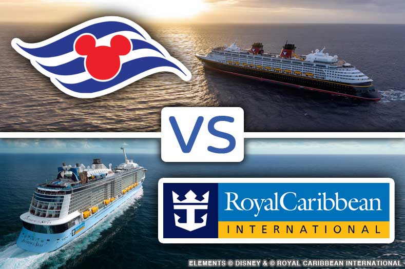 Disney Cruise vs. Royal Caribbean: the two cruise lines' logos and images of their ships sailing on the open water