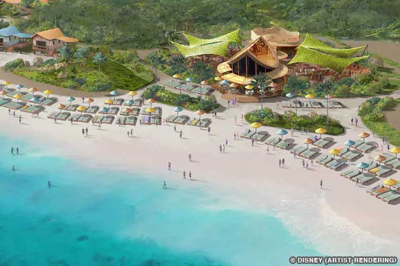 Artist rendering of a large pavilion on Lighthouse Point, with beach chairs along a sandy beach and aquamarine waterfront | Image © Disney