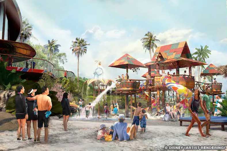 Artist rendering of a splash zone water play area at Lighthouse Point showing water slides, water cannons, and people playing in the water | Image © Disney
