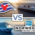 Disney Cruise Vs Norwegian: the logos for each cruise line superimposed over images of ships sailing on open waters