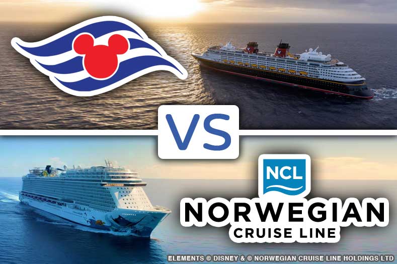 Disney Cruise Vs Norwegian: the logos for each cruise line superimposed over images of ships sailing on open waters