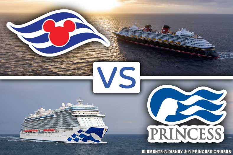Disney Cruise vs Princess: Image showing the Disney Cruise Line and Princess Cruises logos along with images of their ships