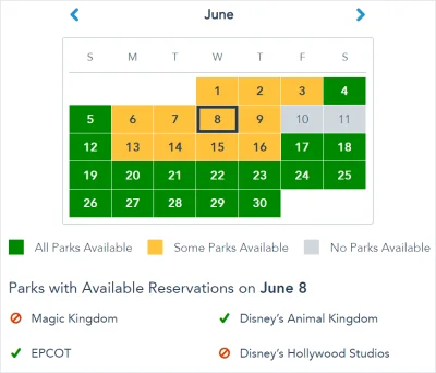 Disney Park Pass Sample Calendar
