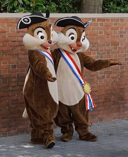 Disney Characters Chip and Dale, in patriotic costumes, greet guests on Independence Day at EPCOT