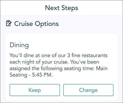 Screenshot showing dining time selection on the Disney Cruise Navigator app