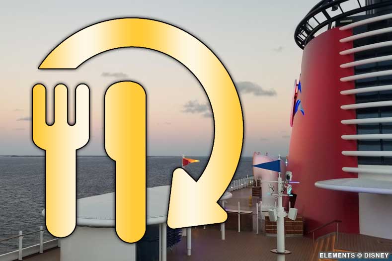 Image of a Disney Cruise ship with a Rotational Dining icon superimposed