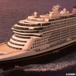 Artist Concept of the Disney Destiny cruise ship (a Disney cruise ship currently under construction), seen from above while at sea