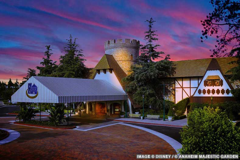 Castle-like exterior of the Anaheim Majestic Garden hotel, a Disneyland Good Neighbor hotel