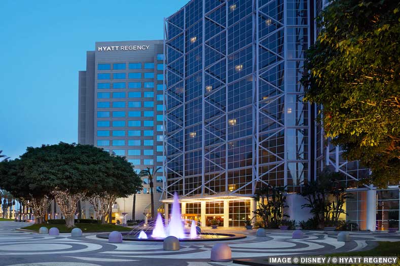 High-rise exterior (with fountain) of the Hyatt Regency Orange County, a Disneyland Good Neighbor Hotel