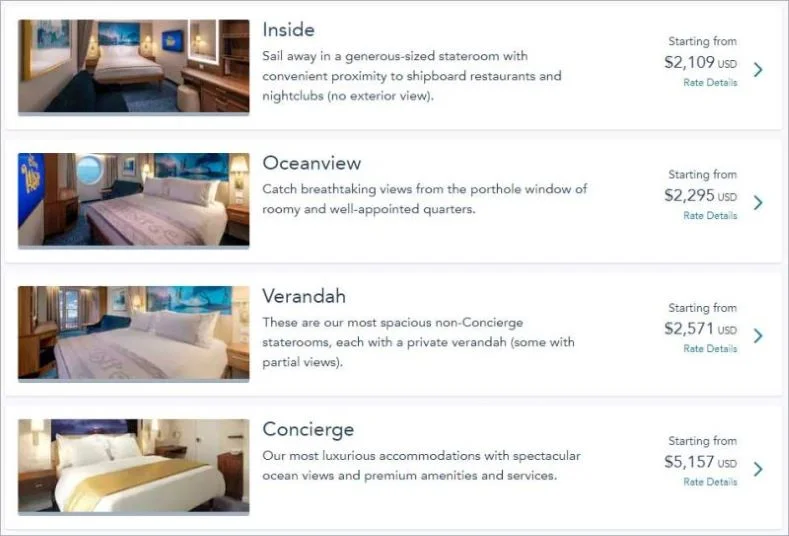 A screenshot of the Disney Cruise website showing stateroom type selection