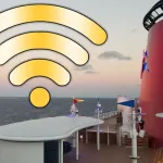 Image of a Disney Cruise Ship funnel and deck, with a Wi-Fi symbol superimposed