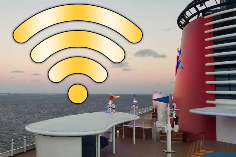 Image of a Disney Cruise Ship funnel and deck, with a Wi-Fi symbol superimposed