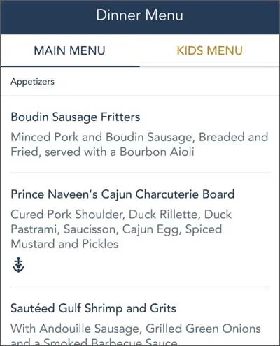 Screenshot showing a dinner menu on the DCL Navigator app