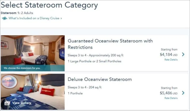 Screenshot of the Disney Cruise Line Website, showing the option to book a Guaranteed Oceanview Stateroom with Restrictions