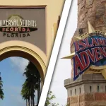 Composite image of the entrances of Universal Studios Florida and Islands of Adventure theme parks