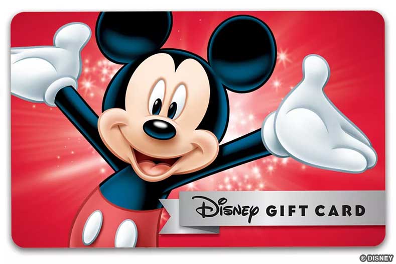A red Disney Gift Card with a smiling Mickey Mouse on front