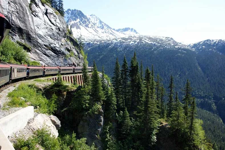 The White Pass railway hugs a steep mountainside