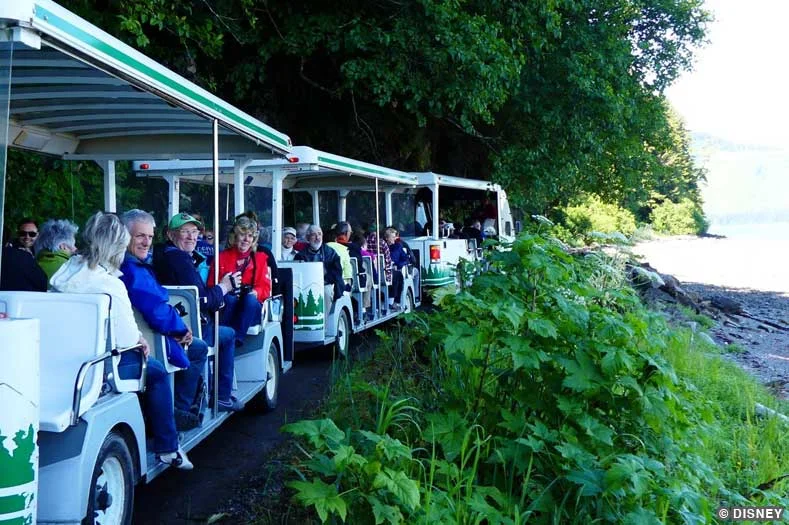 An open-air tram travels along a lush green mountainside