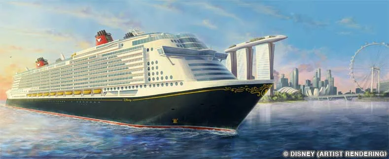 Artist rendering of a black, white, red, and yellow Disney Cruise Ship 