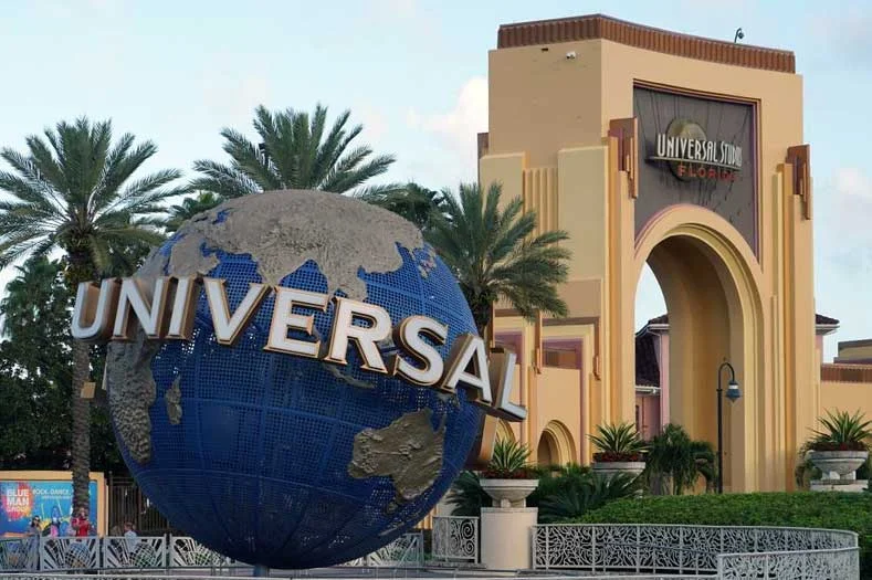The giant blue Universal logo globe, with the Universal Studios Florida entranceway arch in the background