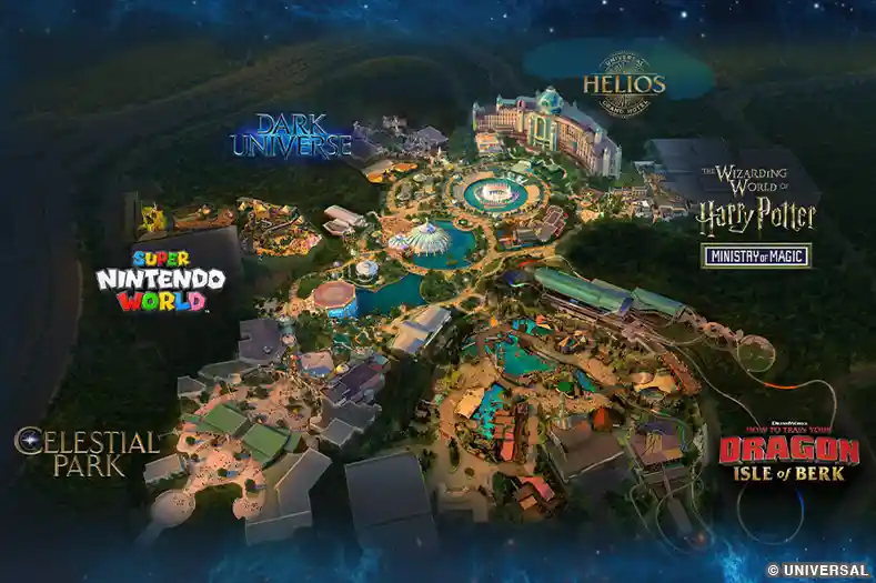 An artist rendering of the layout of Universal Epic Universe