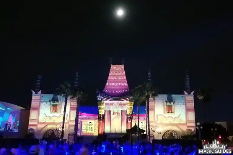 The Chinese Theatre (home to Mickey & Minnie's Runaway Railway) at Hollywood Studios, beneath a full moon