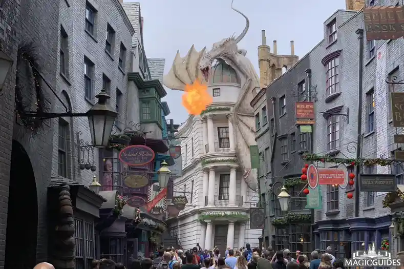 A fire-breathing dragon perches atop Gringott's Bank in Diagon Alley