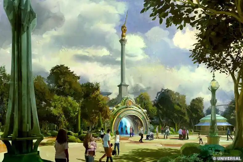 Concept art of a large round entrance portal, with a giant golden hand holding a wand overhead.