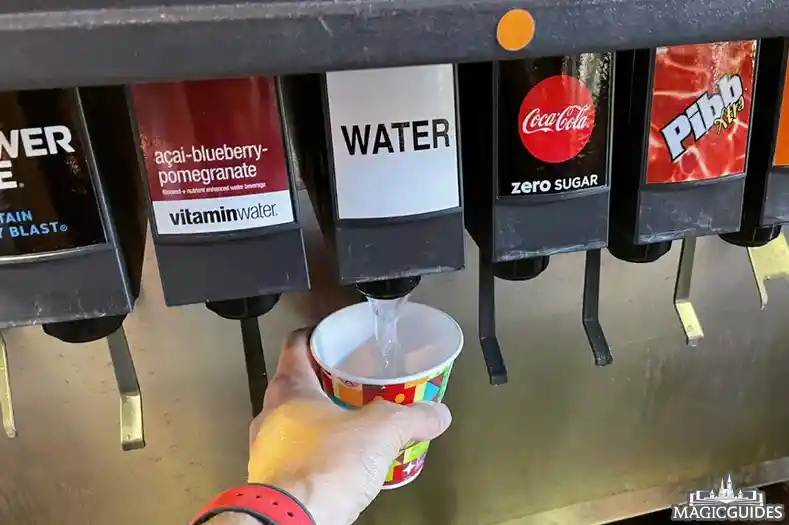 A person fills a paper cup with water at a soda fountain at Disney World