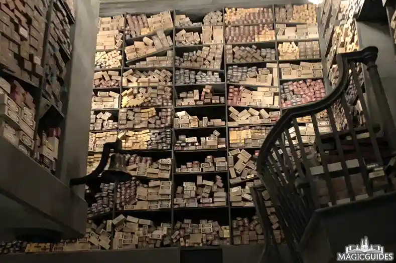 Wand boxes stacked to the ceiling at Ollivanders