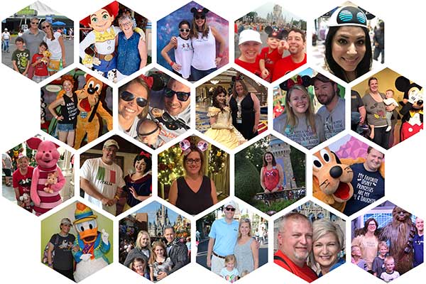A honeycomb matrix of hexagonal-shaped photos of Vacationeer Disney Travel Planners