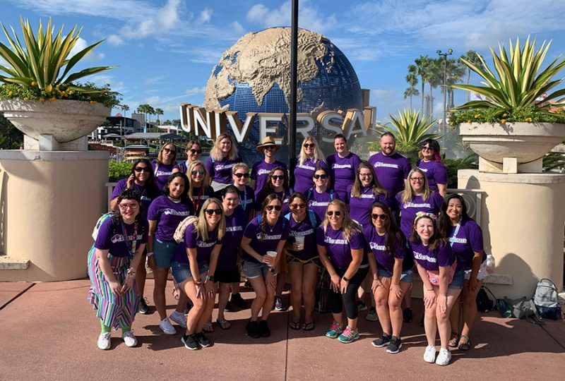 Vacationeer Agents at Universal A group of Universal travel agents from The Vacationeer pose in front of the globe at Universal Studios Florida