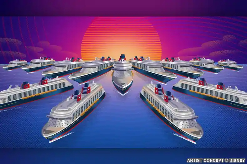 Concept art showing 13 Disney Cruise Line ships