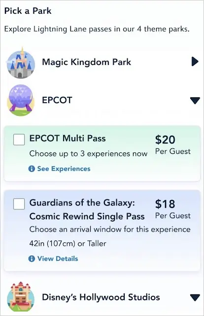 Screenshot showing the Lightning Lane interface to select a theme park