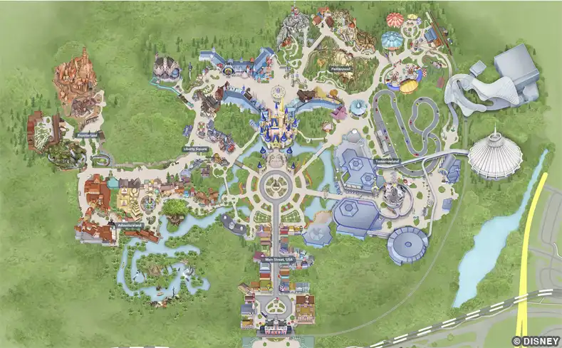 A map of Disney World's Magic Kingdom Theme Park showing lands, rides, and more