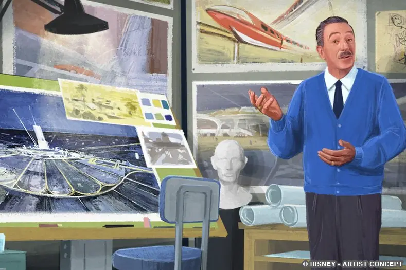 An audio-animatronic Walt Disney in a blue sweater stands next to artwork of the Experimental Prototype Community of Tomorrow