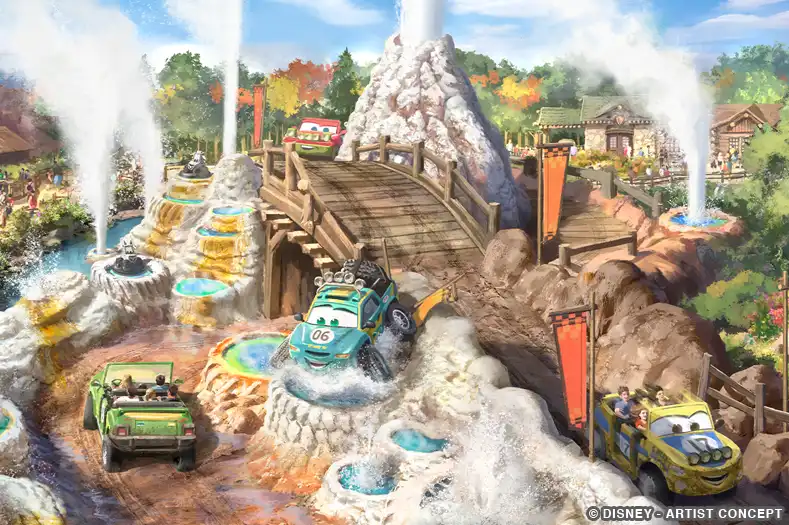 Vehicles designed in the vein of Disney-Pixar's CARS franchise ride through a geyser zone