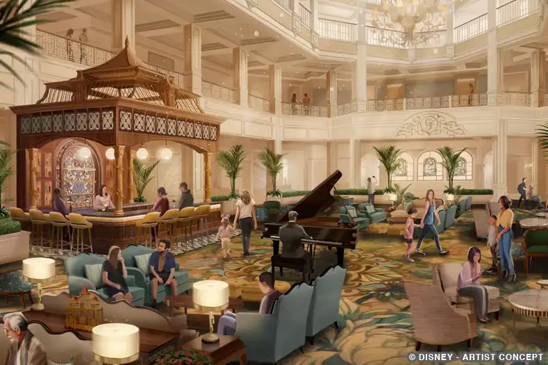 Concept art: guests sit in a grand hotel lobby. A piano and a large bar (shaped like a Victorian birdcage) are present.