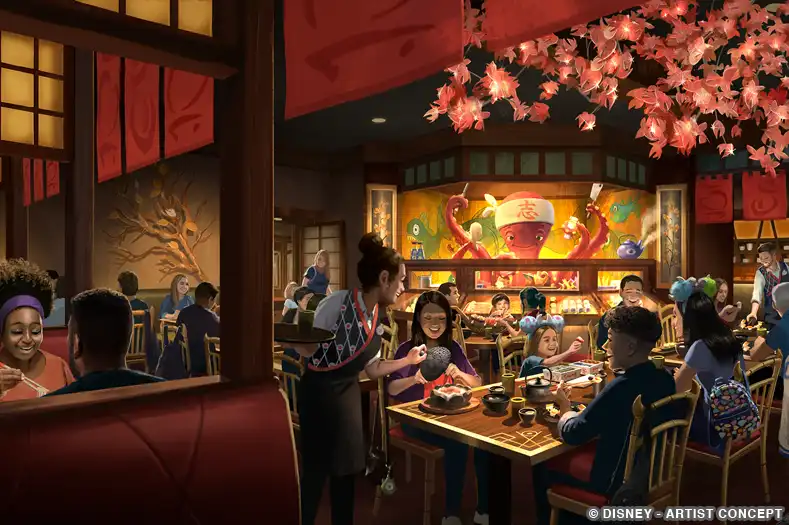 Diners enjoy a meal as a giant audio-animatronic octopus-like creature prepares sushi