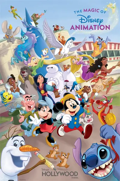 Attraction poster for The Magic of Disney Animation, showing characters spilling out of the Disney Animation studio building