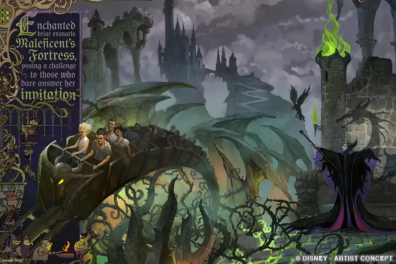 A roller coaster along an enchanted briar patch with foreboding fortress